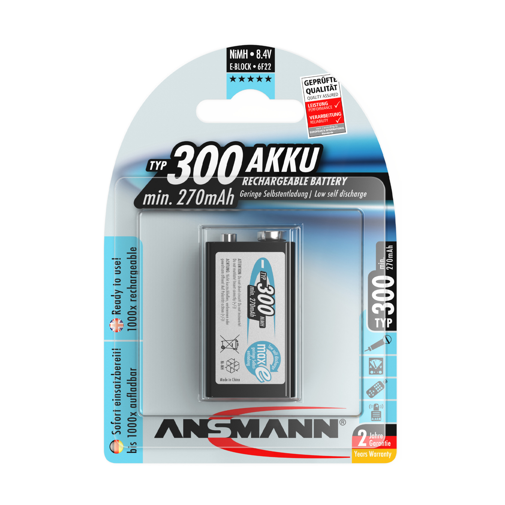 Pin Sạc 9V Ansmann 300mAh Vỉ 1 Viên